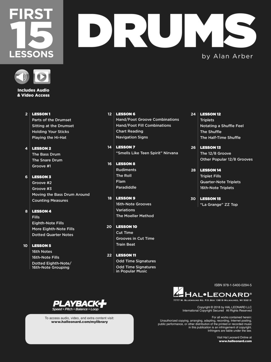 FIRST 15 LESSONS DRUMS BK/OLM