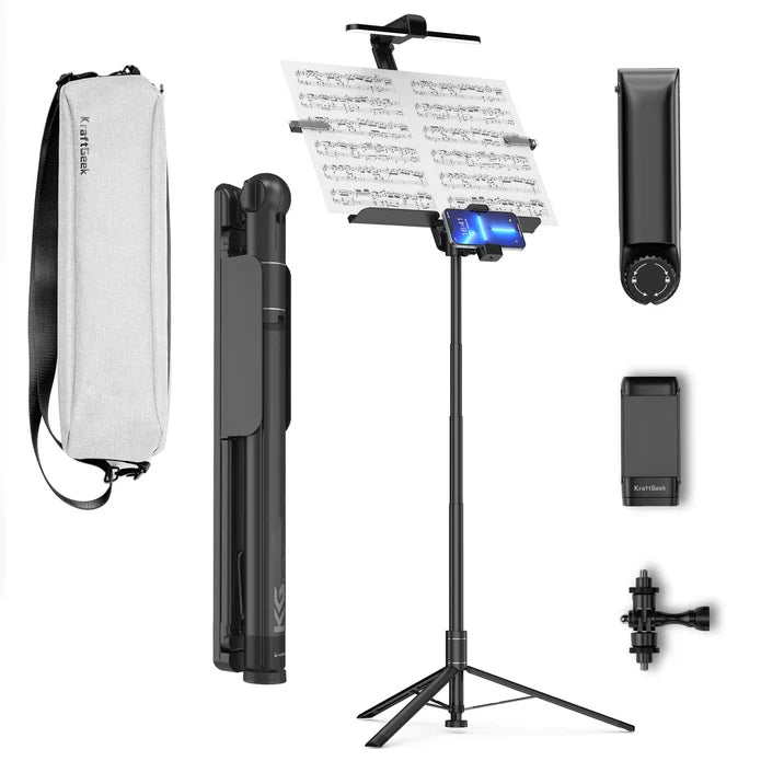 KraftGeek Bravo Collapsible Music Stand Kit with Bag/Light/Phone and Tablet Mount (Black or white)