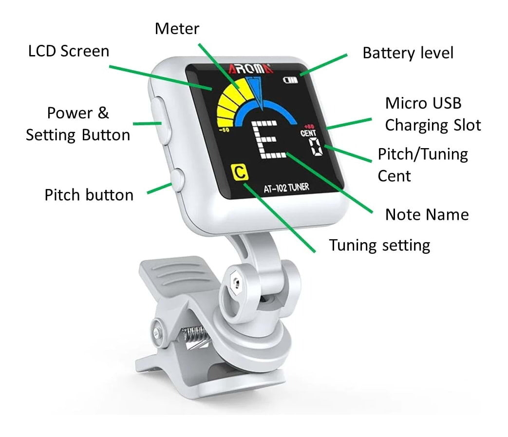 Aroma AT102WH Rechargeable Chromatic Clip-on Tuner
