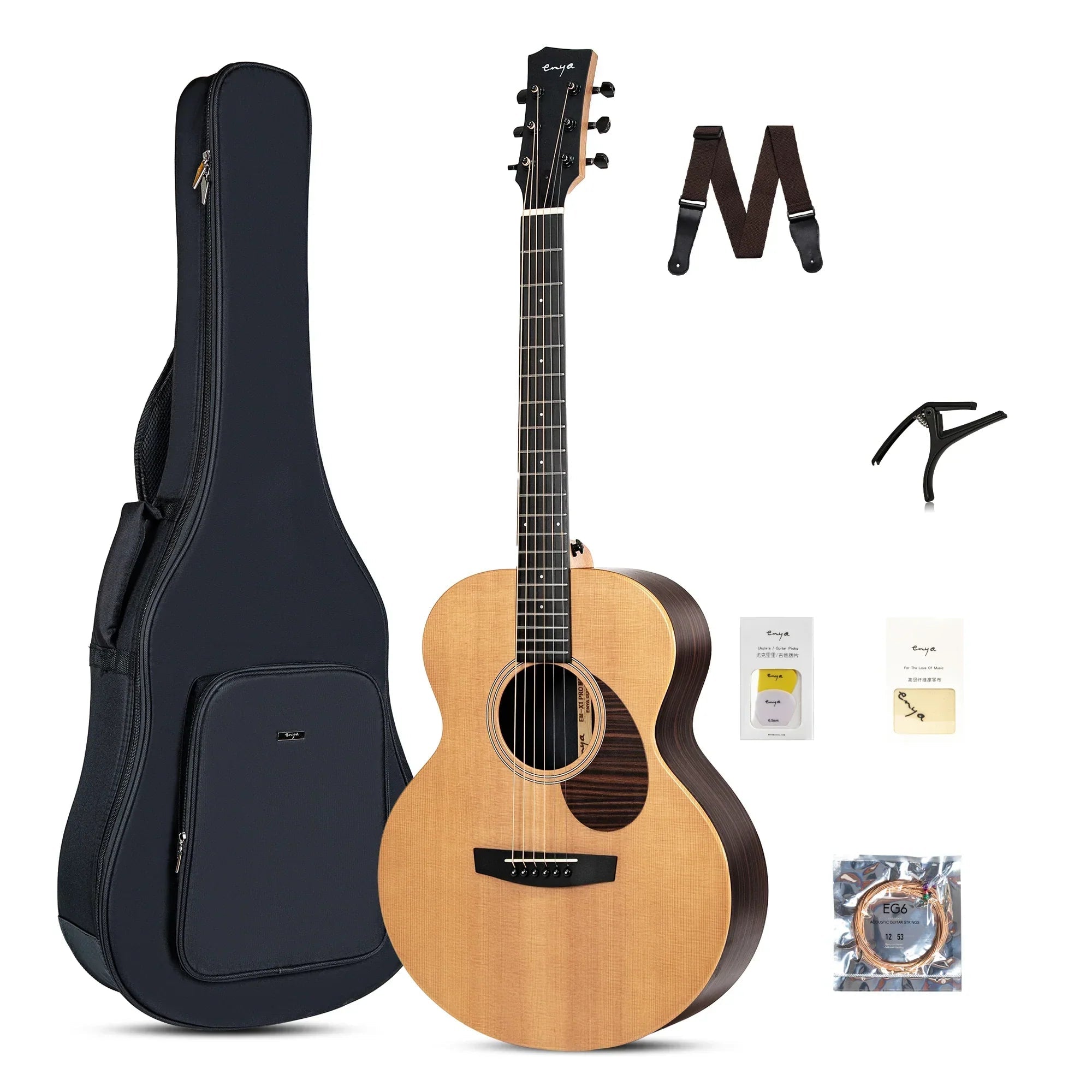 Acoustic guitar with accessories including a case, strap, cables, and picks on a white background