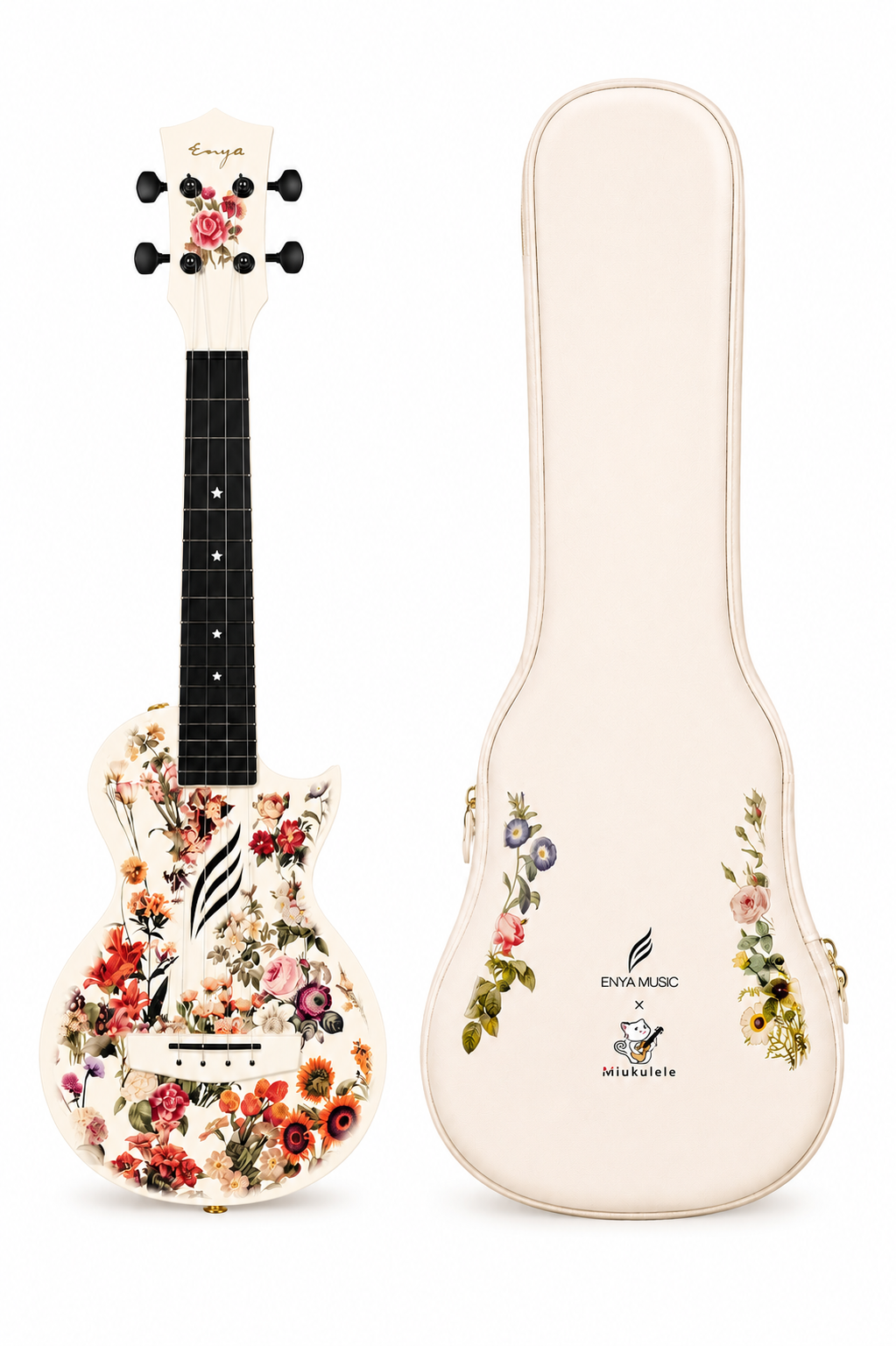 Floral-patterned ukulele with matching case on a white background