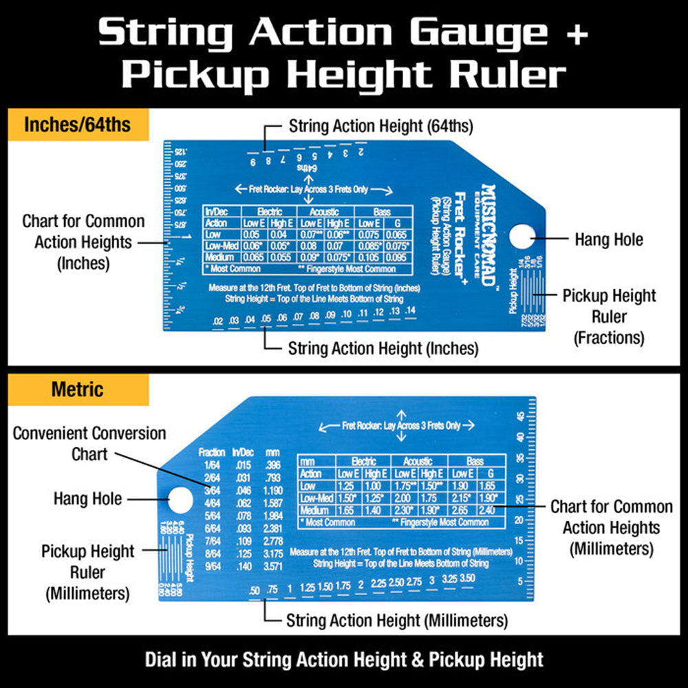 String Action Table Music Nomad Fret Rocker+ with String Action Gauge/Pickup Ruler
