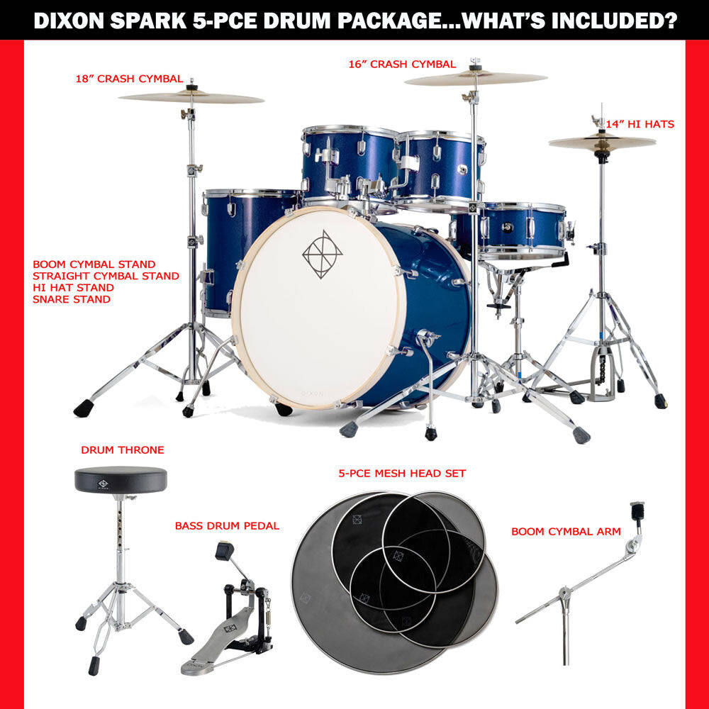 Dixon Spark 522 Series Low Volume 5-Pce Drum Kit with Cymbals (4 Options)