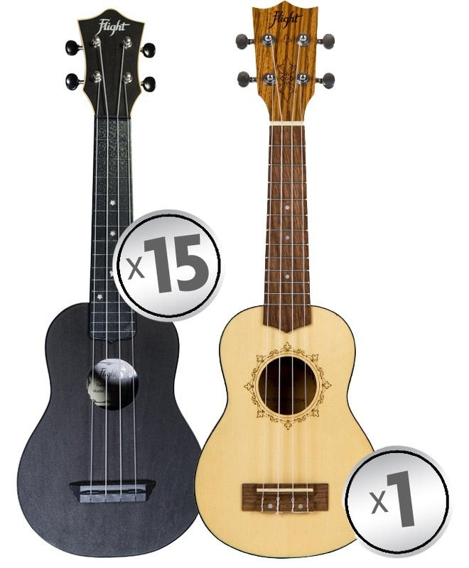 Flight Soprano Ukulele Travel Series Classroom Pack 15 + 1 Teacher Ukulele (9 colours)