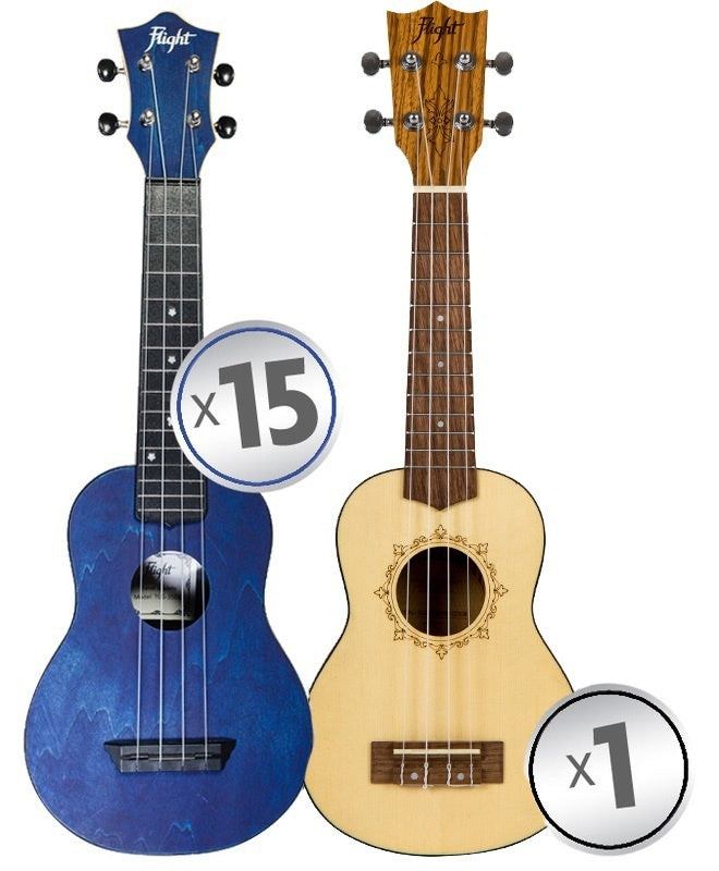 Flight Soprano Ukulele Travel Series Classroom Pack 15 + 1 Teacher Ukulele (9 colours)