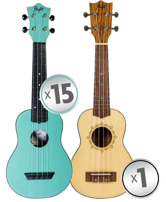 Flight Soprano Ukulele Travel Series Classroom Pack 15 + 1 Teacher Ukulele (9 colours)