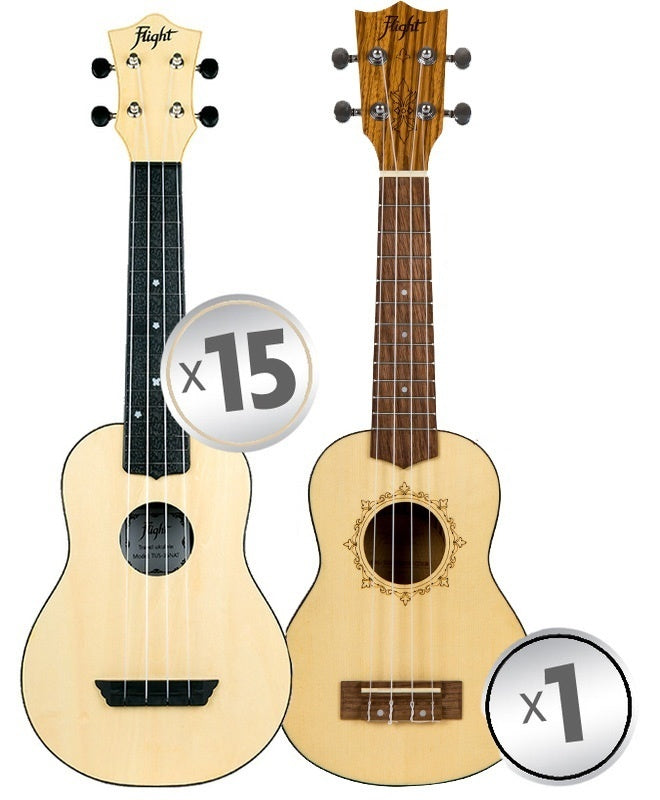 Flight Soprano Ukulele Travel Series Classroom Pack 15 + 1 Teacher Ukulele (9 colours)
