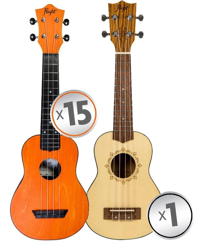 Flight Soprano Ukulele Travel Series Classroom Pack 15 + 1 Teacher Ukulele (9 colours)