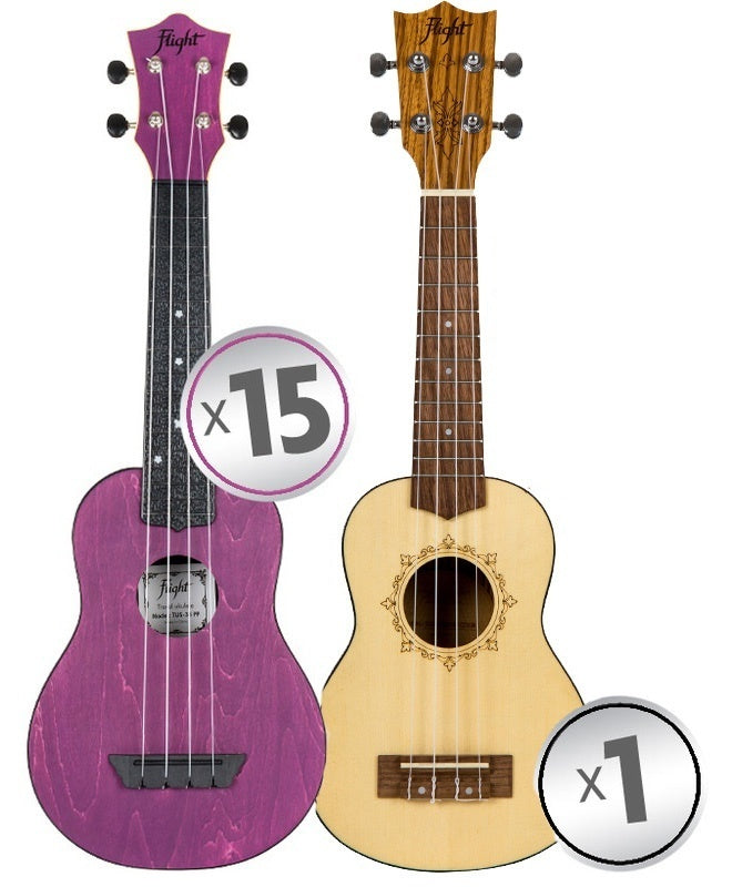Flight Soprano Ukulele Travel Series Classroom Pack 15 + 1 Teacher Ukulele (9 colours)