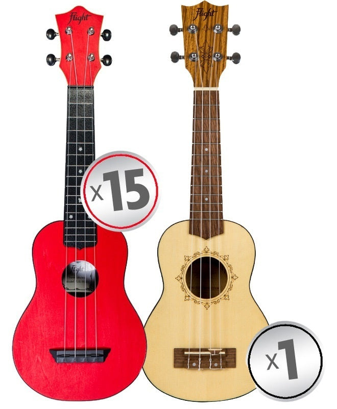 Flight Soprano Ukulele Travel Series Classroom Pack 15 + 1 Teacher Ukulele (9 colours)