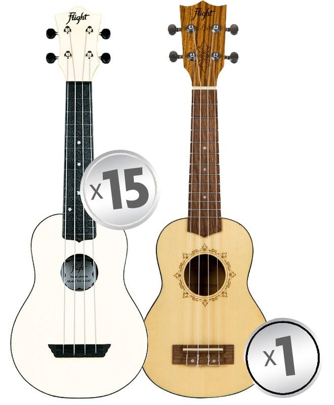 Flight Soprano Ukulele Travel Series Classroom Pack 15 + 1 Teacher Ukulele (9 colours)