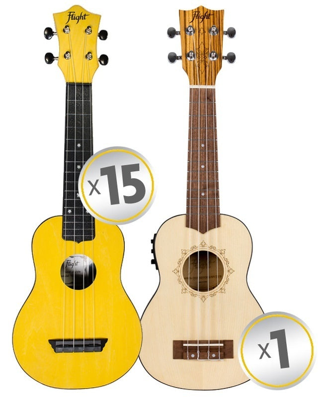 Flight Soprano Ukulele Travel Series Classroom Pack 15 + 1 Teacher Ukulele (9 colours)