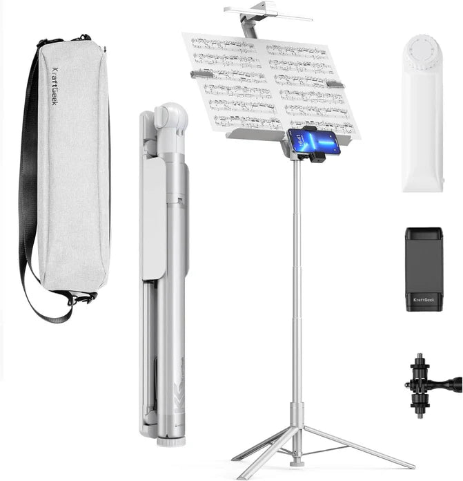KraftGeek Bravo Collapsible Music Stand Kit with Bag/Light/Phone and Tablet Mount (Black or white)