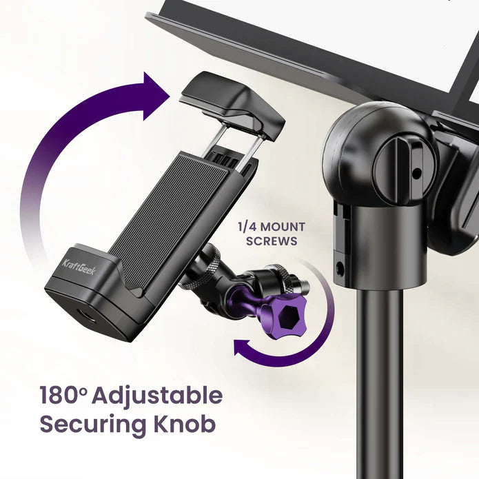 KraftGeek Bravo Collapsible Music Stand Kit with Bag/Light/Phone and Tablet Mount (Black or white)