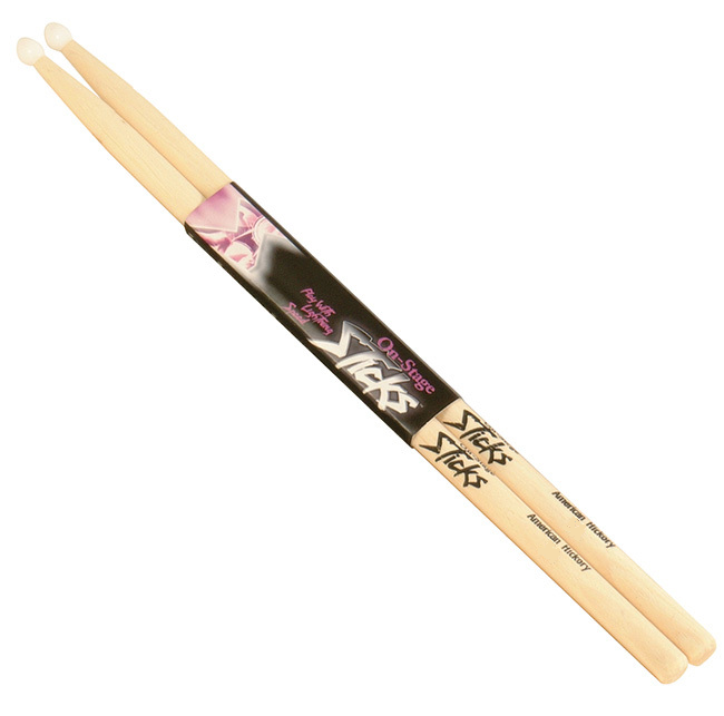 On Stage American Hickory Wood with Nylon Tip Drumsticks (3 Sizes)